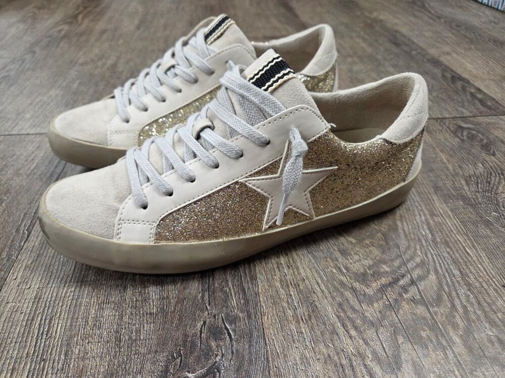 SHUSHOP Paula Low Top Sneakers Gold Glitter Shoes Women's Size 9